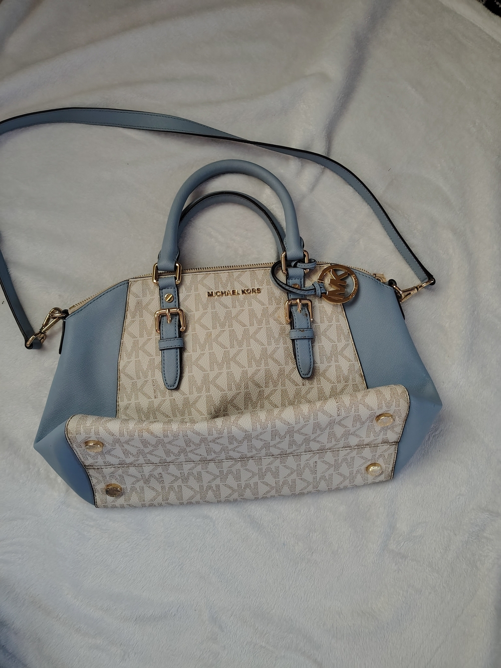 Michael Kors Light Blue and Vanilla MK Logo Satchel
